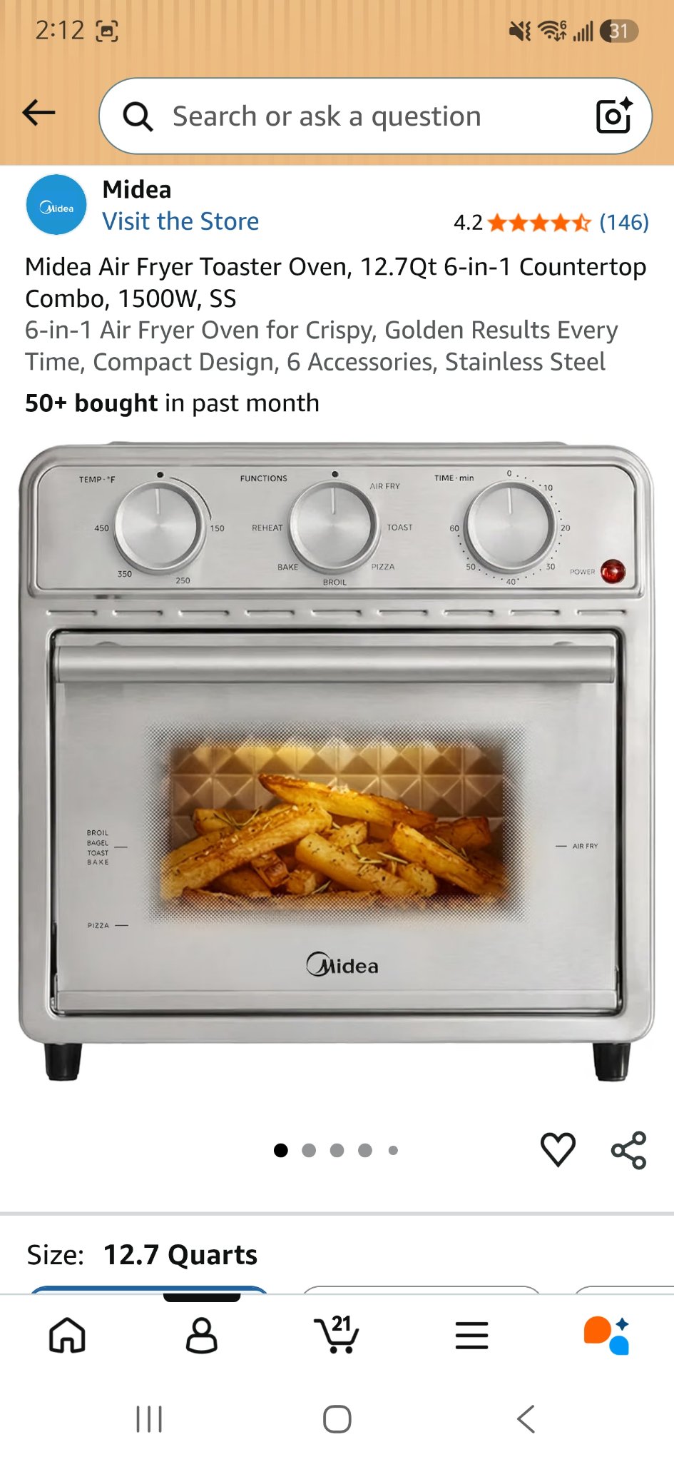 Amazon listing screenshot of Midea air fryer toaster oven, 4.2 stars from 146 ratings