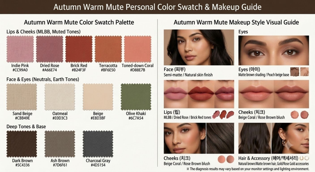 Autumn Warm Mute Personal Color Palette and Makeup Guide infographic
