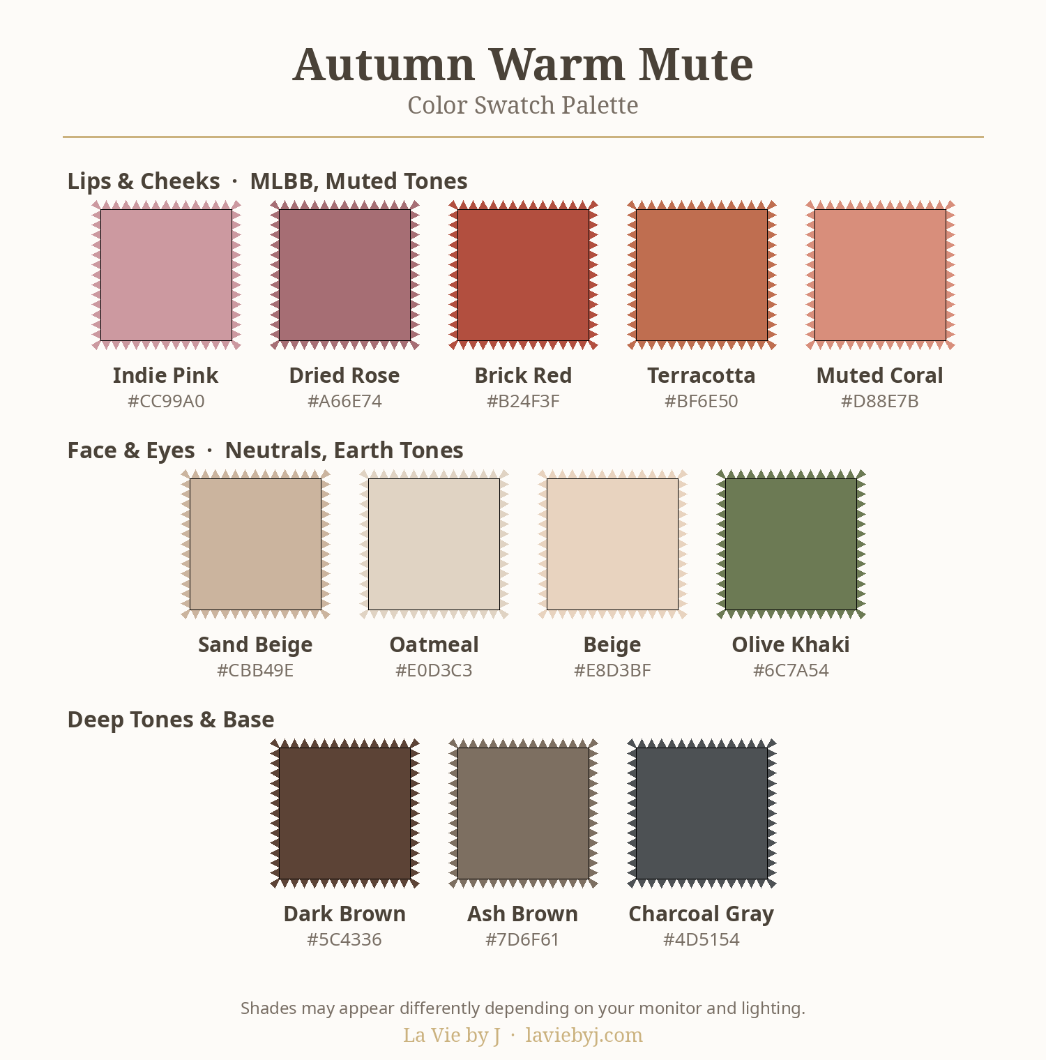 Autumn Warm Mute color swatch palette in English — 12 shades for lips, cheeks, face and eyes