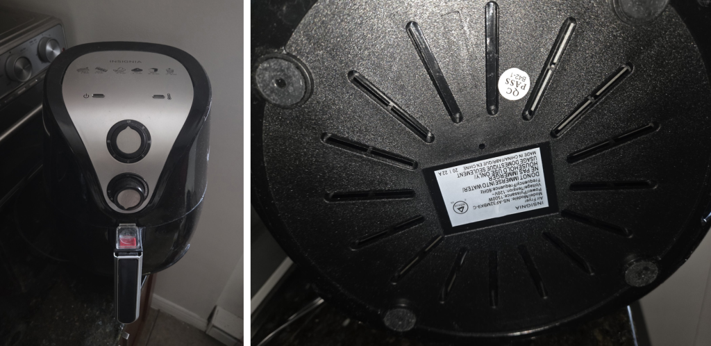 Insignia air fryer top view (left) and the rating label on the bottom showing model NS-AF32MBK9-C (right)