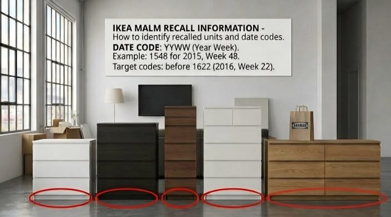 IKEA MALM recall identification guide showing recessed toe-kicks and date codes