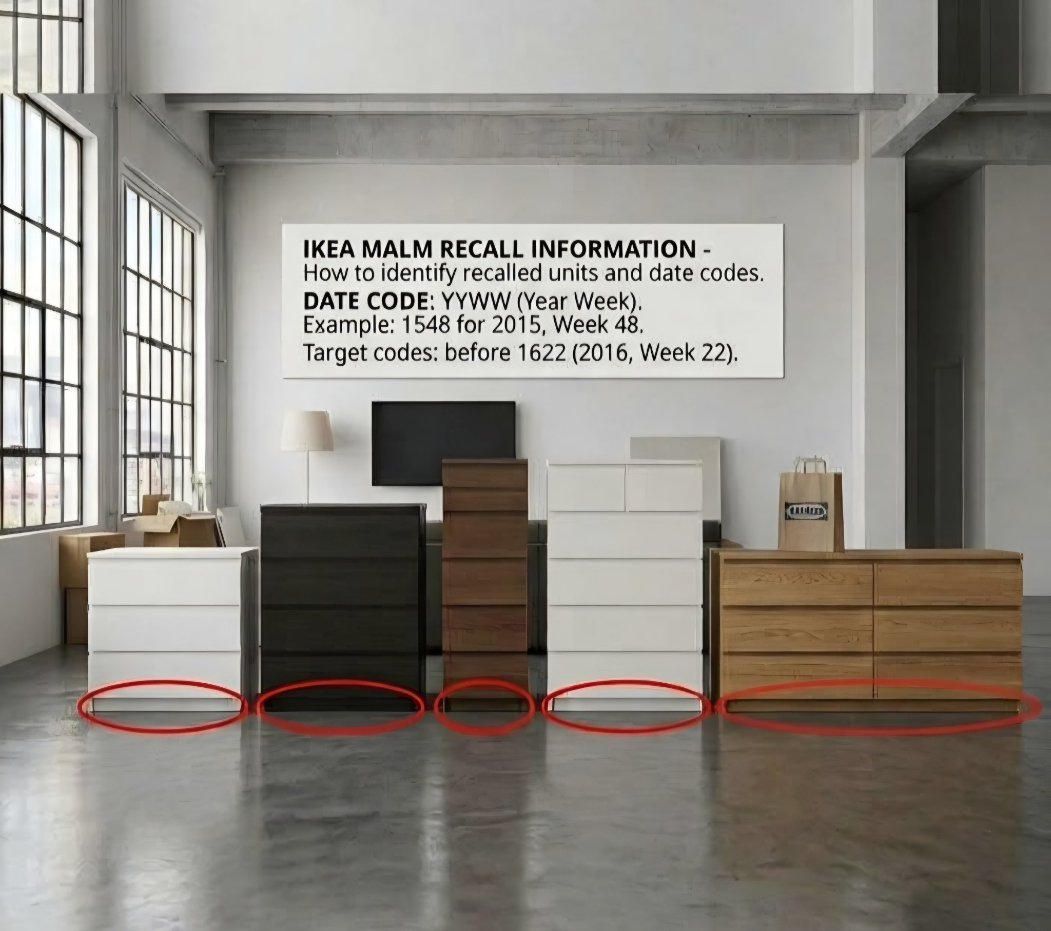 IKEA MALM recall identification guide showing recessed toe-kicks and date codes