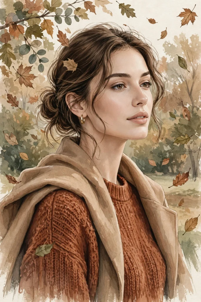 Autumn warm mute makeup look — soft watercolor portrait in warm muted tones
