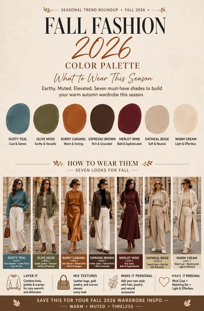 Fall 2026 outfit ideas for autumn warm mute — 7 looks in a warm muted colour palette